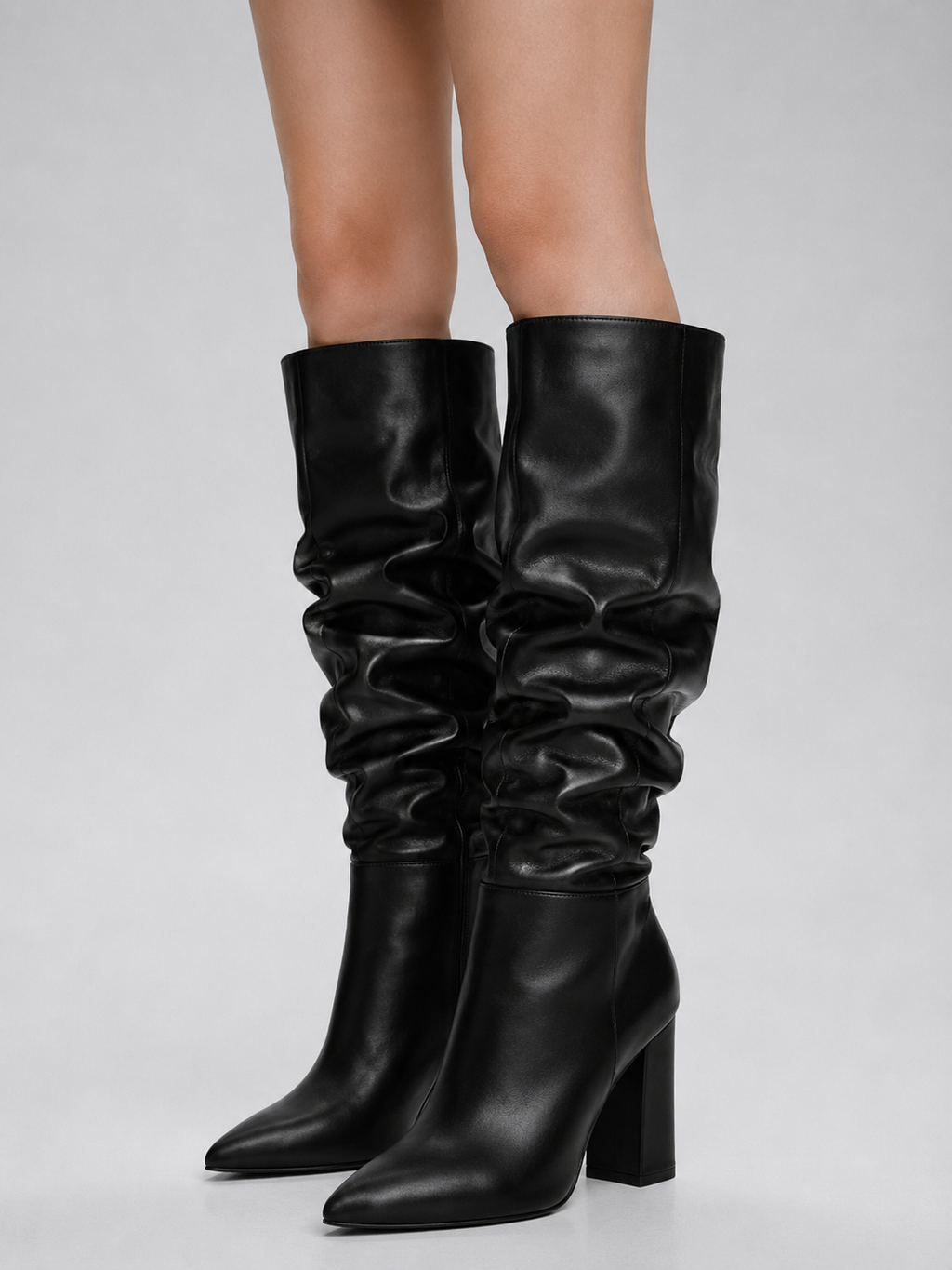 Black Faux Leather Slouch Boots