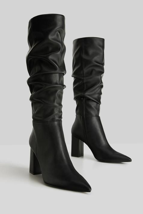 Black Faux Leather Slouch Boots
